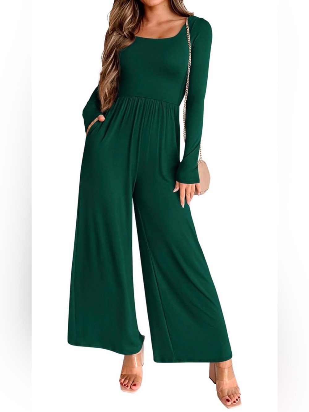 Wide-Leg Long Sleeve Jumpsuit in Emerald Green Small NWOT